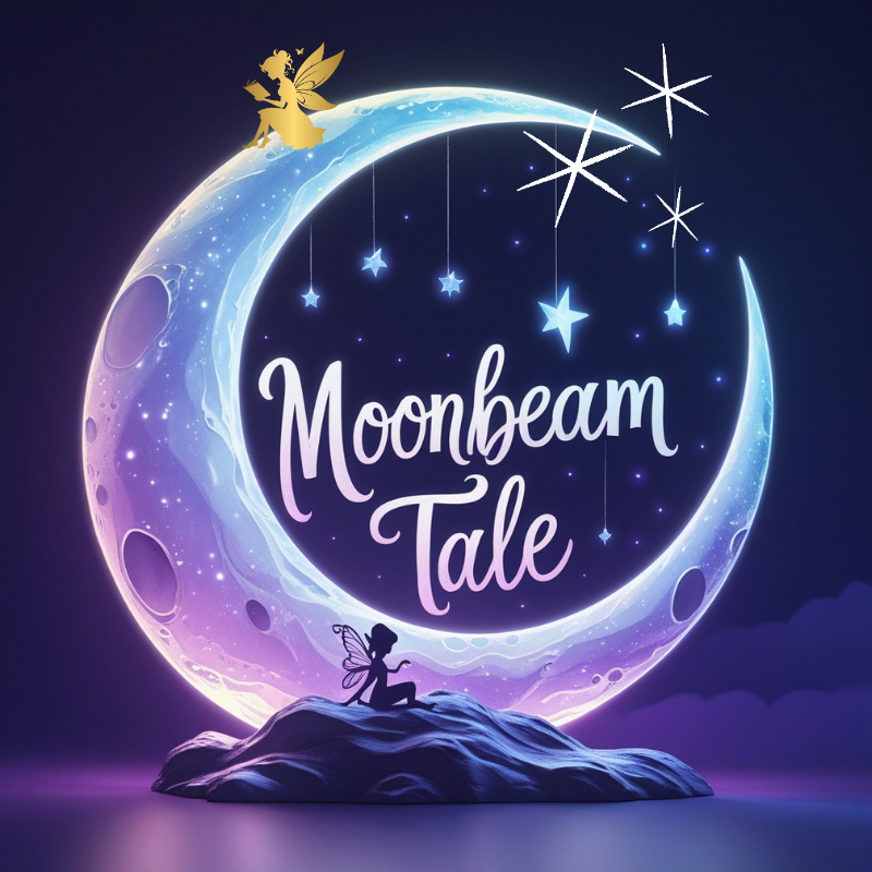 Moonbeam Tale — a glowing crescent moon with fairies beneath the stars